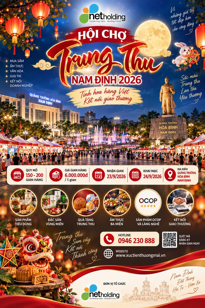 Áp phích Hội chợ Trung Thu Nam Định 2026 — Quảng trường Hòa Bình, khai mạc 19h ngày 24/9/2026