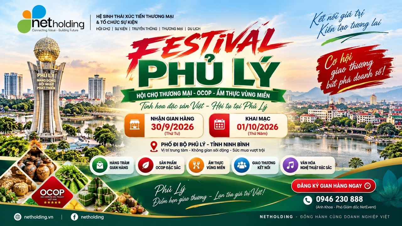 Áp phích Festival Phố đi bộ Phủ Lý 2026 — Hội chợ Thương mại, OCOP và Ẩm thực vùng miền trên phố đi bộ Phủ Lý, nhận gian 30/9, khai mạc 01/10/2026